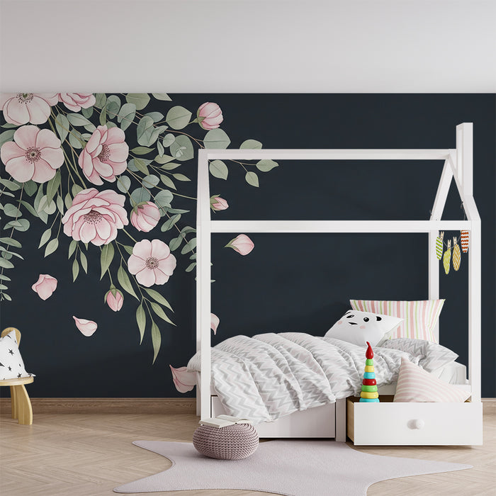 Papier peint chambre bébé | Fleurs délicates sur fond sombre