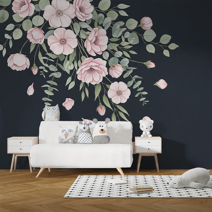 Papier peint chambre bébé | Fleurs délicates sur fond sombre