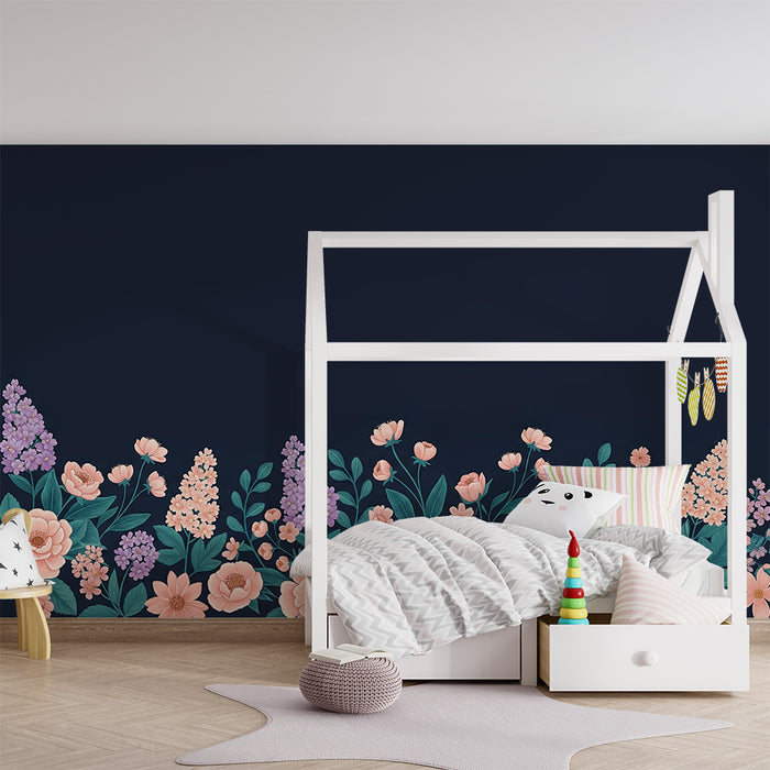 Børnetapet | Sarte blomster på mørk bund i en blød og rolig stemning