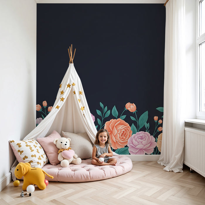 Papier peint chambre bébé | Fleurs délicates sur fond sombre et doux