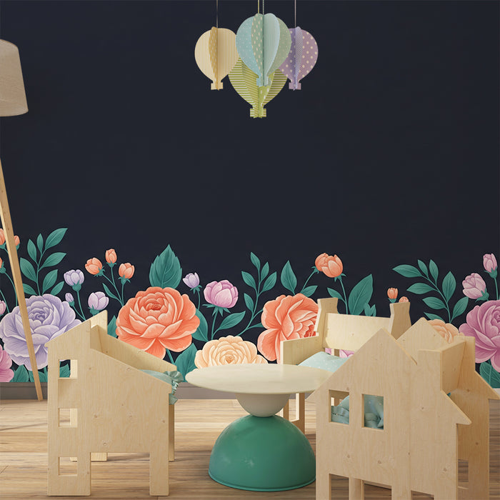 Papier peint chambre bébé | Fleurs délicates sur fond sombre et doux