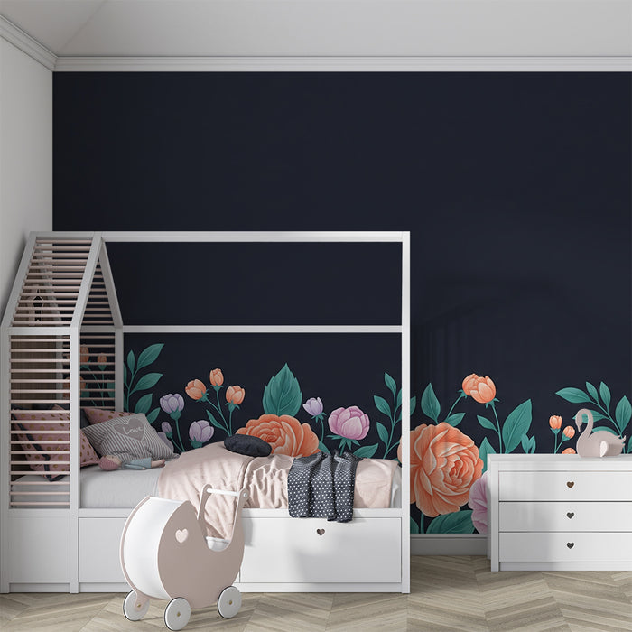 Papier peint chambre bébé | Fleurs délicates sur fond sombre et doux