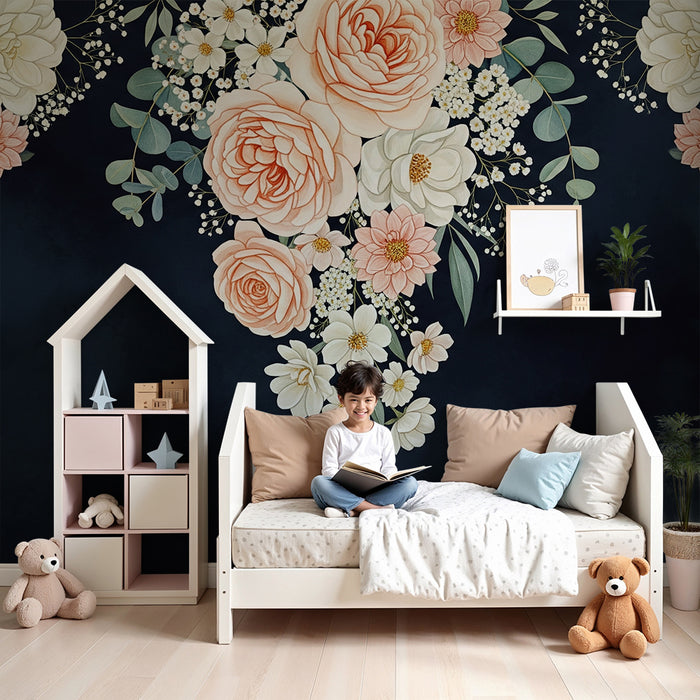 Babykamer behang | Delicate bloemen op een donkere achtergrond voor een zachte sfeer