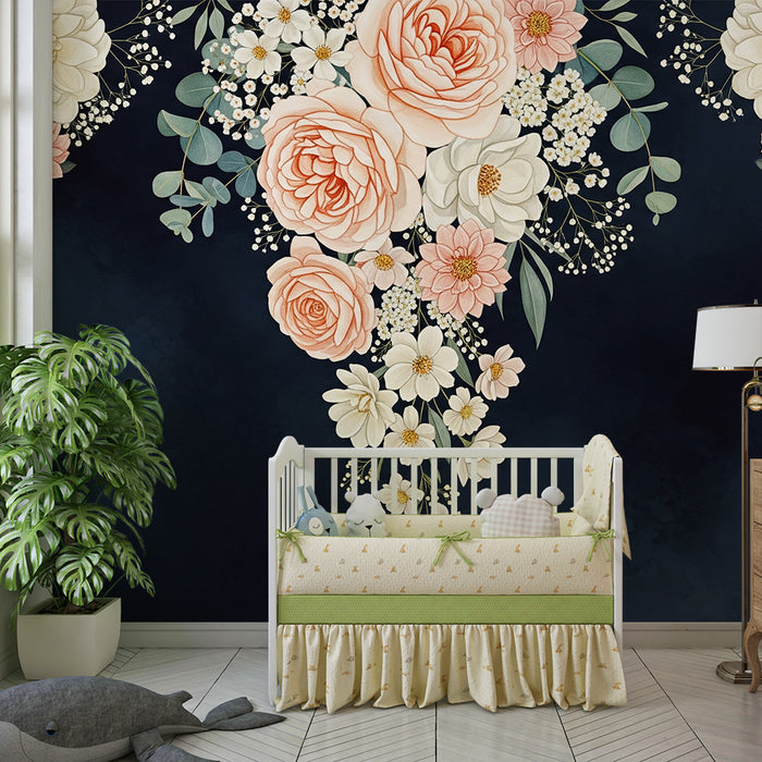 Babykamer behang | Delicate bloemen op een donkere achtergrond voor een zachte sfeer