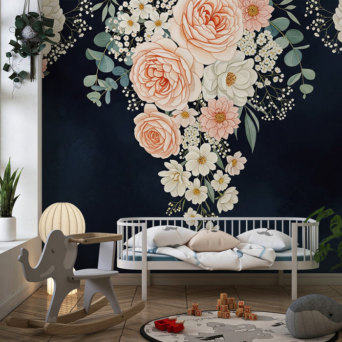Babykamer behang | Delicate bloemen op een donkere achtergrond voor een zachte sfeer