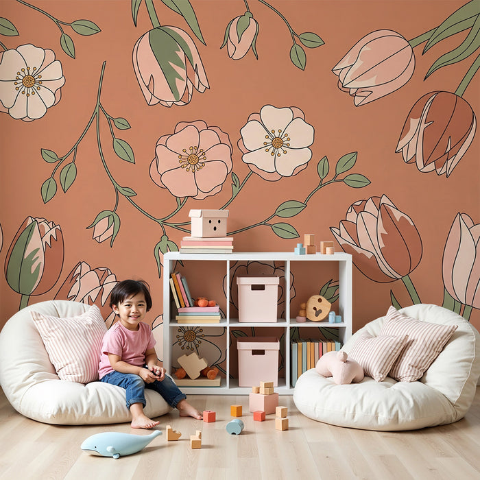 Papier peint chambre bébé | Fleurs délicates sur un fond terracotta