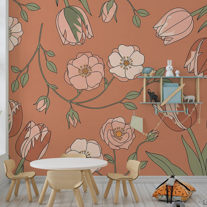 Papier peint chambre bébé | Fleurs délicates sur un fond terracotta