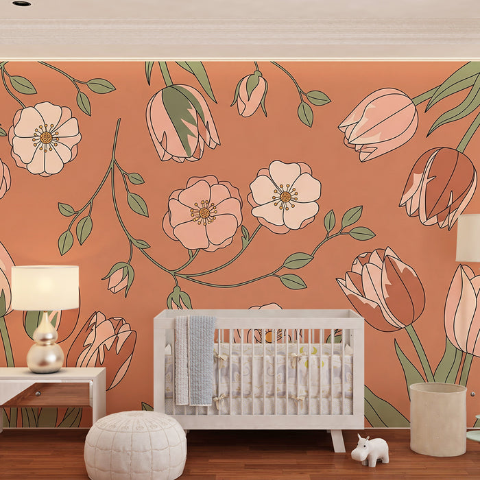 Papier peint chambre bébé | Fleurs délicates sur un fond terracotta