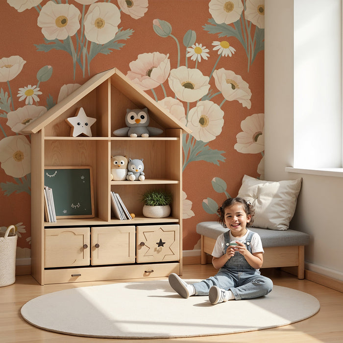 Papier peint chambre bébé | Fleurs délicates sur fond terracotta