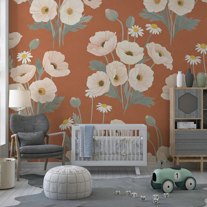 Papier peint chambre bébé | Fleurs délicates sur fond terracotta