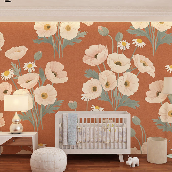 Papier peint chambre bébé | Fleurs délicates sur fond terracotta