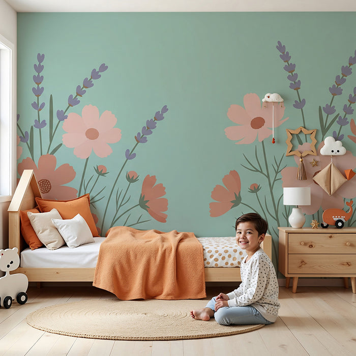 Papier peint chambre bébé | Fleurs délicates sur fond turquoise