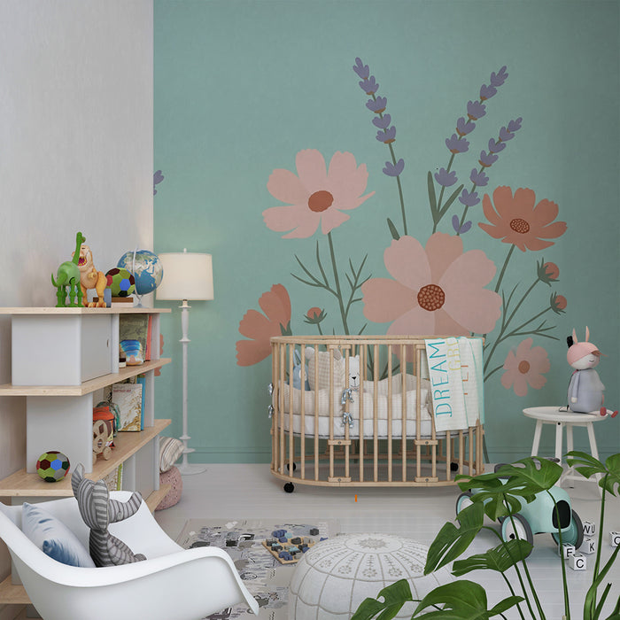 Papier peint chambre bébé | Fleurs délicates sur fond turquoise