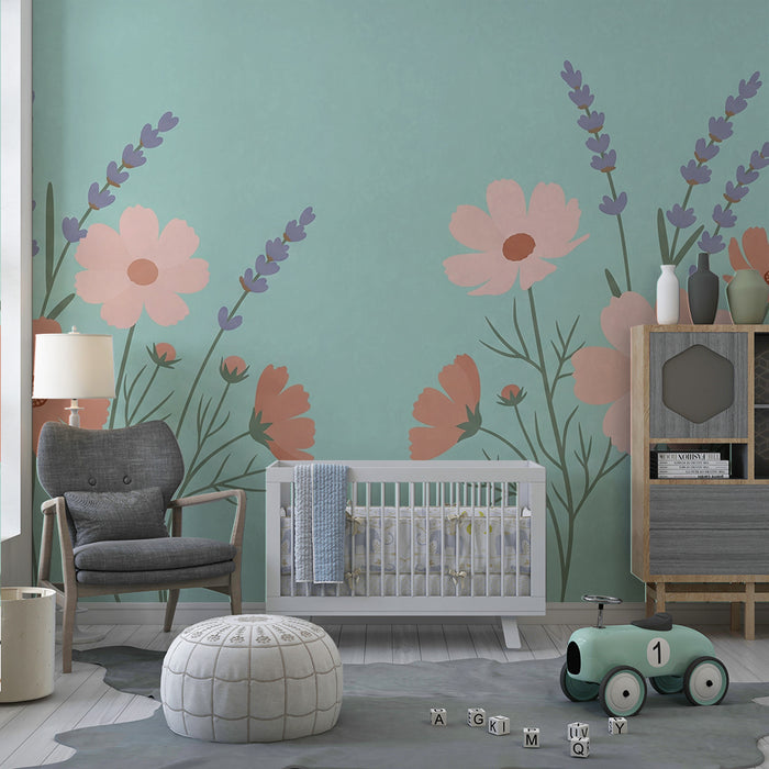 Papier peint chambre bébé | Fleurs délicates sur fond turquoise