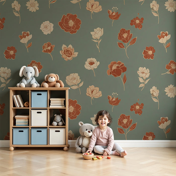 Papier peint chambre bébé | Fleurs délicates sur un fond vert