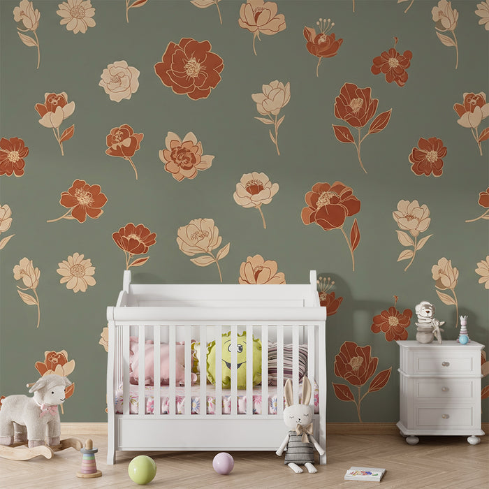 Papier peint chambre bébé | Fleurs délicates sur un fond vert