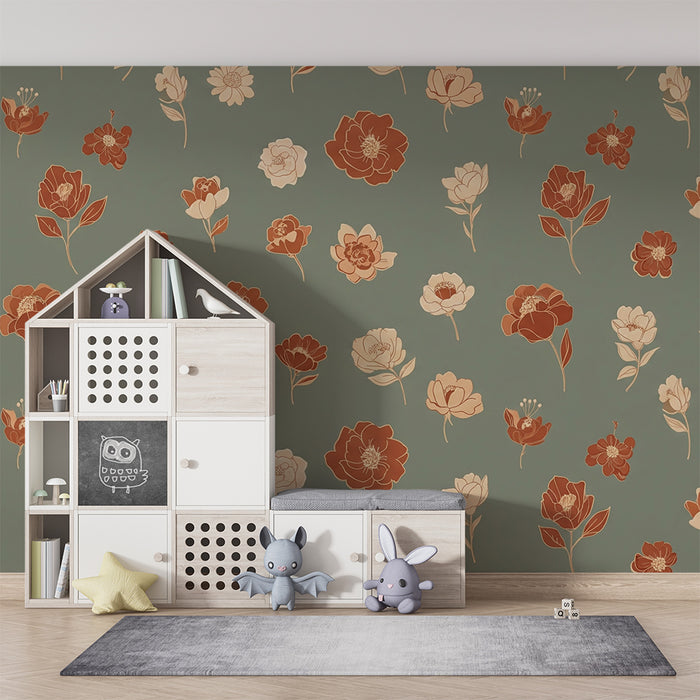 Papier peint chambre bébé | Fleurs délicates sur un fond vert
