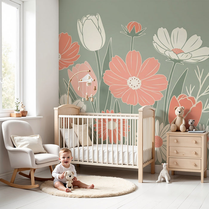 Babykamer behang | Delicate bloemen op een rustgevende groene achtergrond