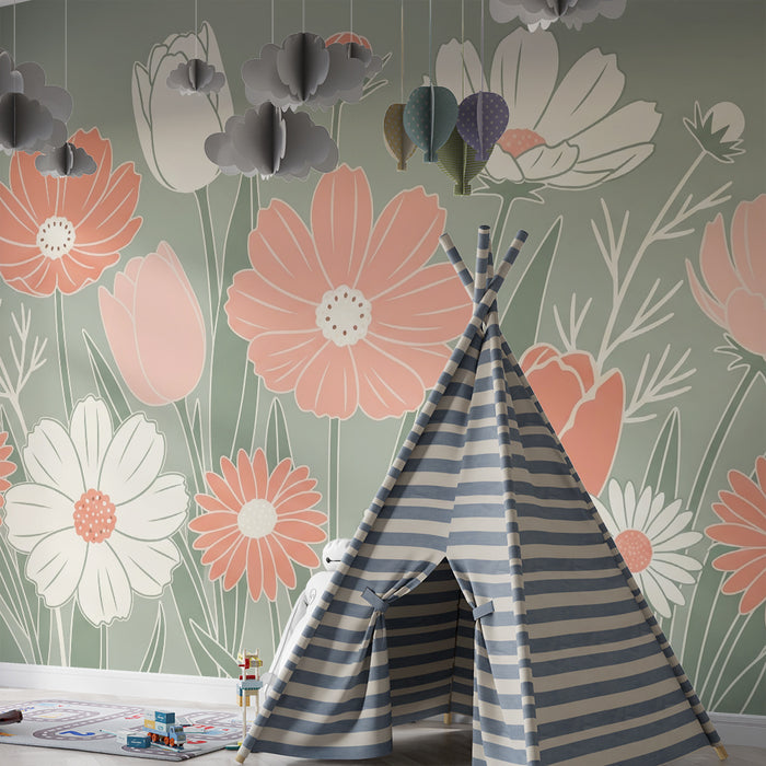 Babykamer behang | Delicate bloemen op een rustgevende groene achtergrond