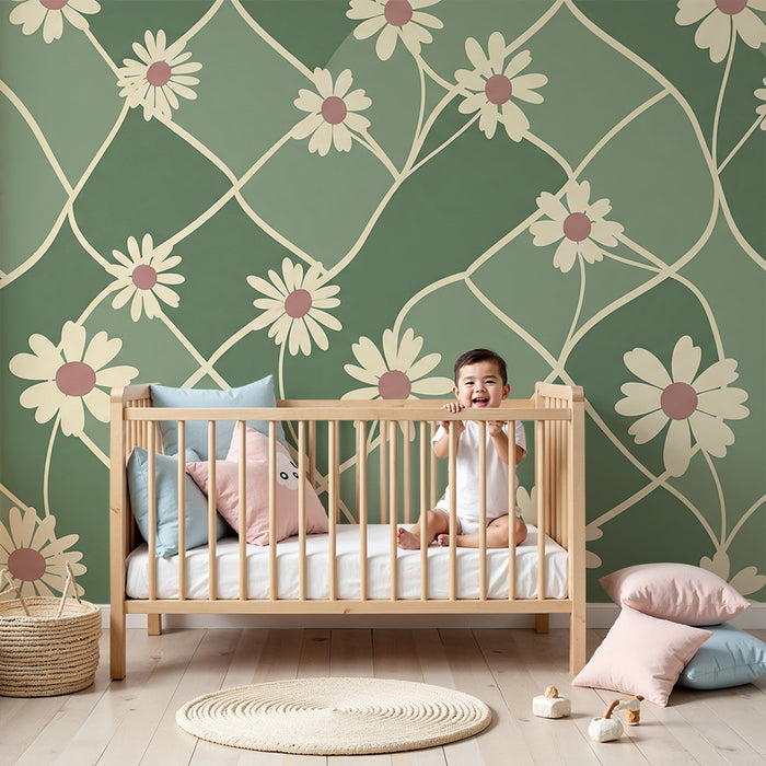 Papier peint chambre bébé | Fleurs délicates sur fond vert apaisant