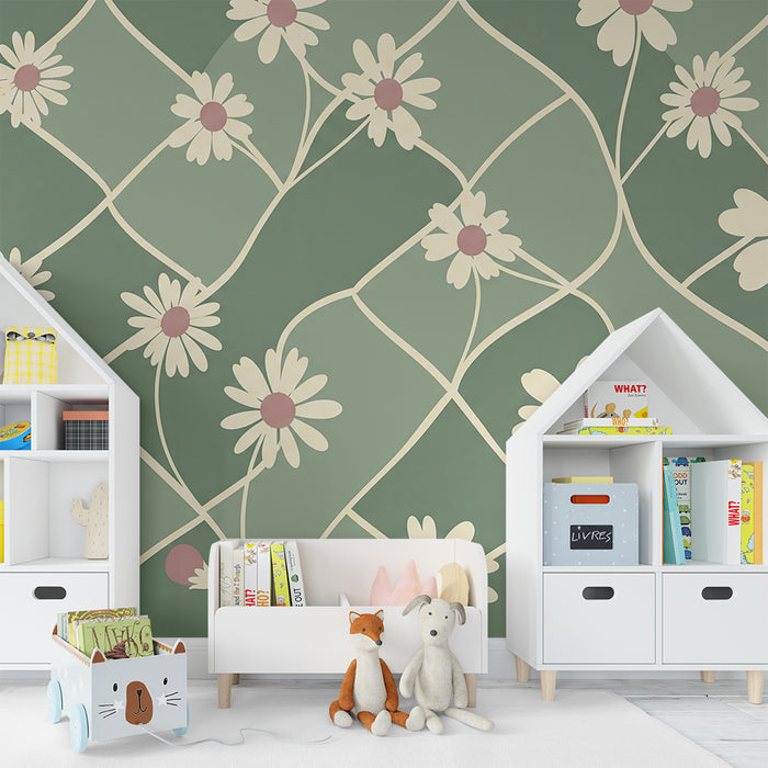 Papier peint chambre bébé | Fleurs délicates sur fond vert apaisant