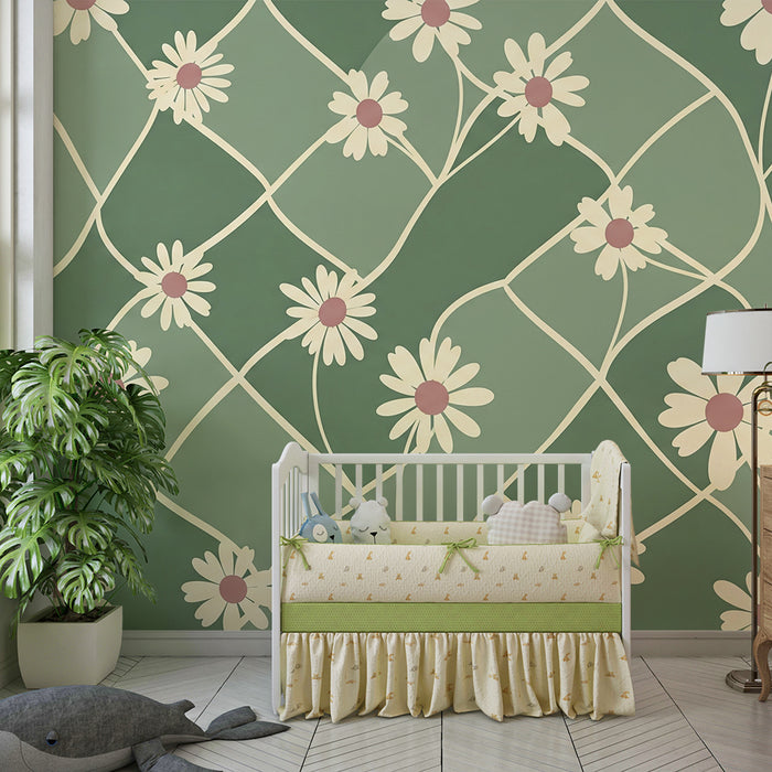 Papier peint chambre bébé | Fleurs délicates sur fond vert apaisant