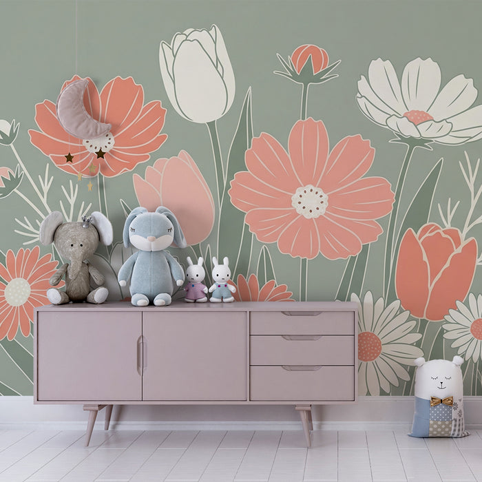 Babykamer behang | Delicate bloemen op een rustgevende groene achtergrond