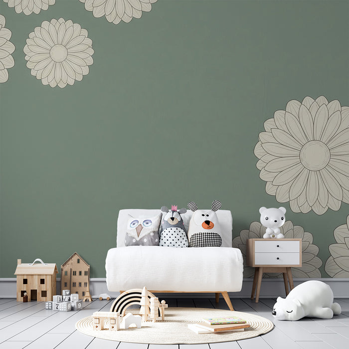 Papel de parede para quarto de bebé | Flores delicadas sobre fundo verde suave