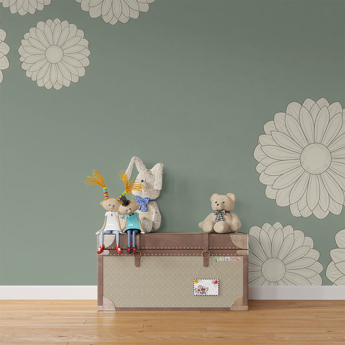 Papel de parede para quarto de bebé | Flores delicadas sobre fundo verde suave