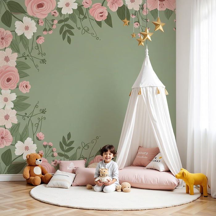 Barntapet | Delikata blommor på mjukt grönt bakgrund