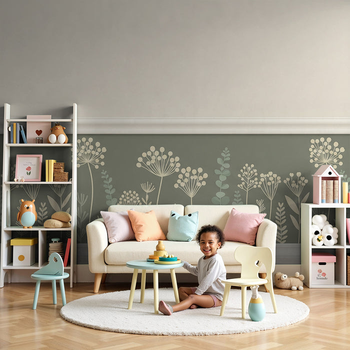 Baby nursery wallpaper | Delicate flowers on a soft green background