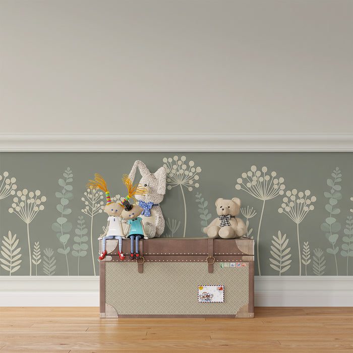 Baby nursery wallpaper | Delicate flowers on a soft green background
