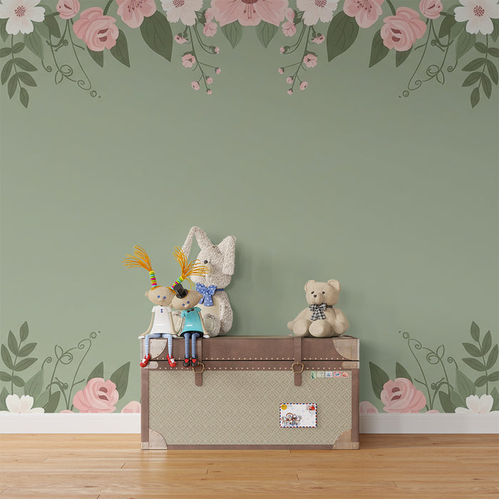 Barntapet | Delikata blommor på mjukt grönt bakgrund