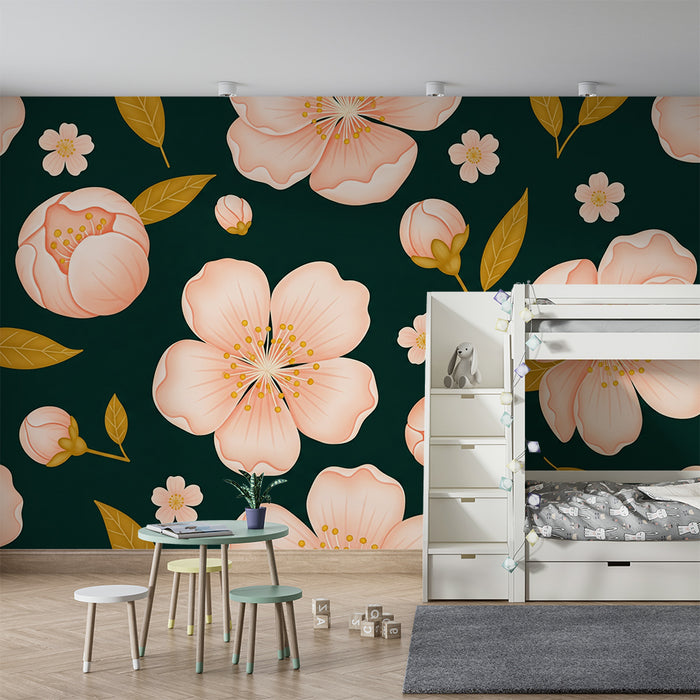 Barntapet | Delikata blommor på en smaragdgrön bakgrund