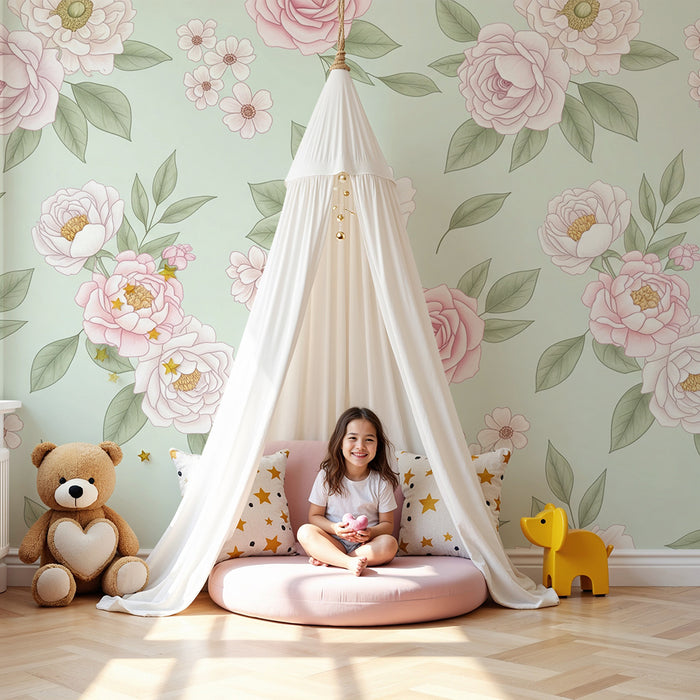 Papier peint chambre bébé | Fleurs délicates sur fond vert menthe