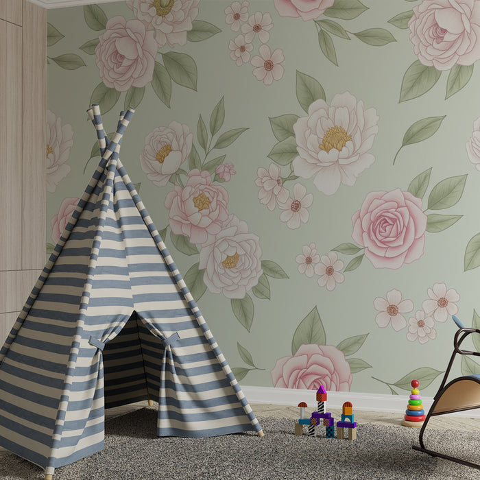 Papier peint chambre bébé | Fleurs délicates sur fond vert menthe