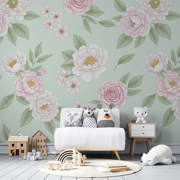 Papier peint chambre bébé | Fleurs délicates sur fond vert menthe
