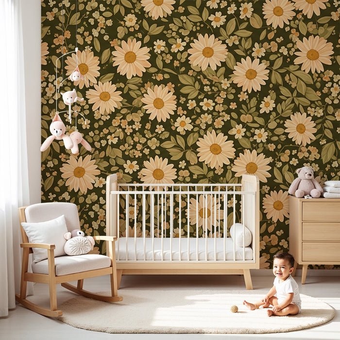 Barntapet | Delikata blommor på olivgrön bakgrund
