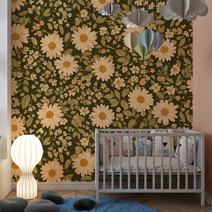 Barntapet | Delikata blommor på olivgrön bakgrund