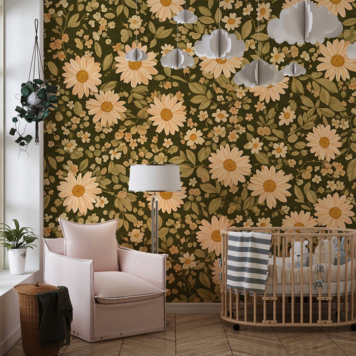 Barntapet | Delikata blommor på olivgrön bakgrund