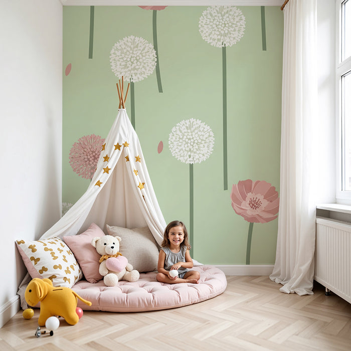 Papier peint chambre bébé | Fleurs délicates sur fond vert pastel