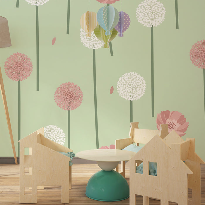 Papier peint chambre bébé | Fleurs délicates sur fond vert pastel