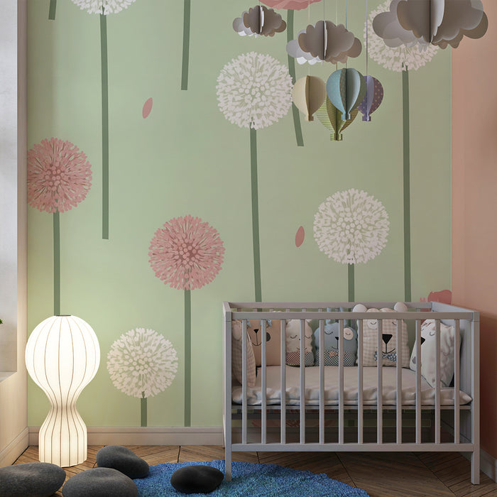 Papier peint chambre bébé | Fleurs délicates sur fond vert pastel
