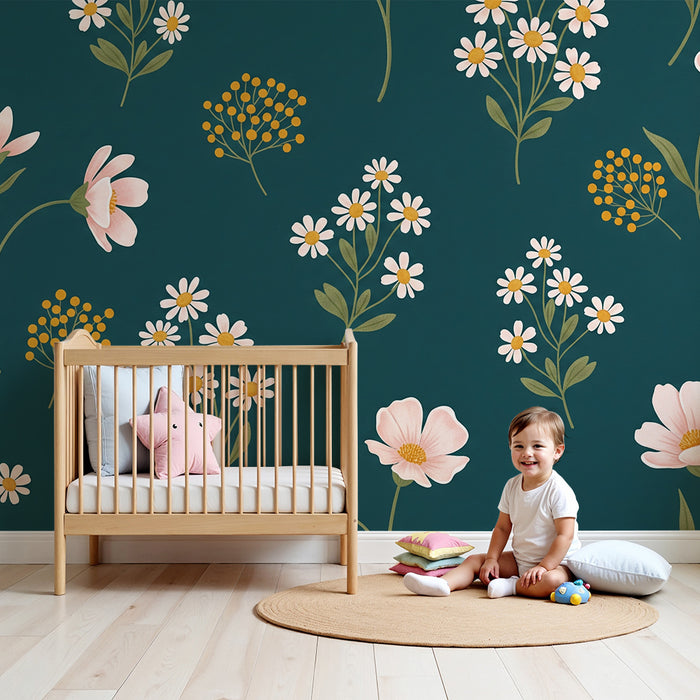 Barntapet | Delikata blommor på djupt grön bakgrund