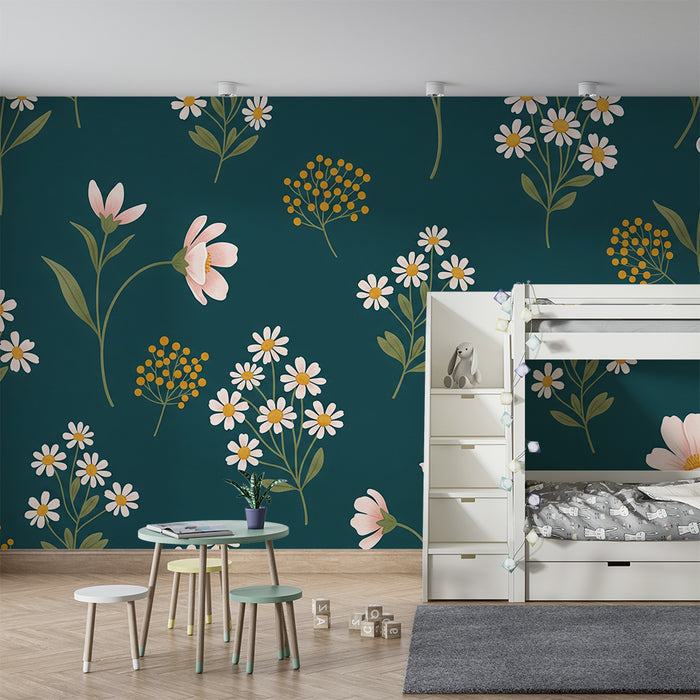 Barntapet | Delikata blommor på djupt grön bakgrund