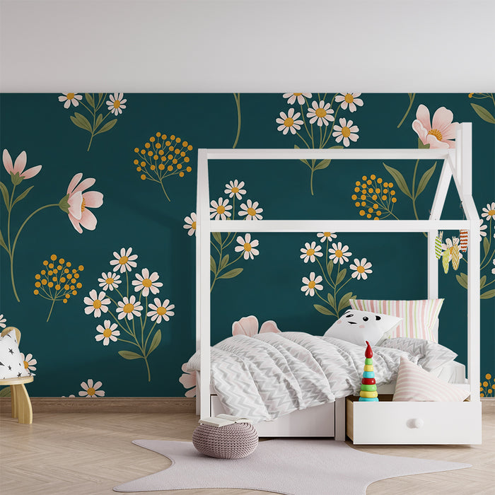 Barntapet | Delikata blommor på djupt grön bakgrund