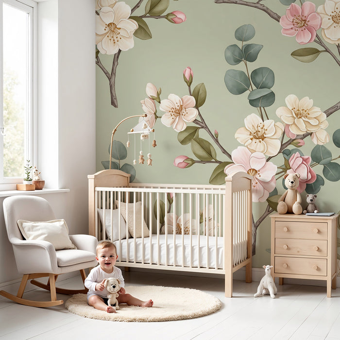 Papier peint chambre bébé | Fleurs délicates sur fond vert sauge