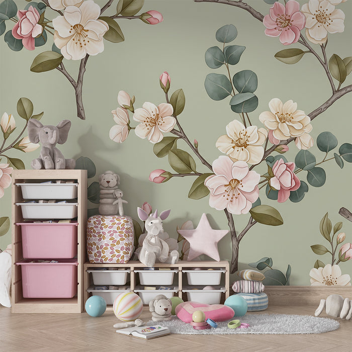 Papier peint chambre bébé | Fleurs délicates sur fond vert sauge