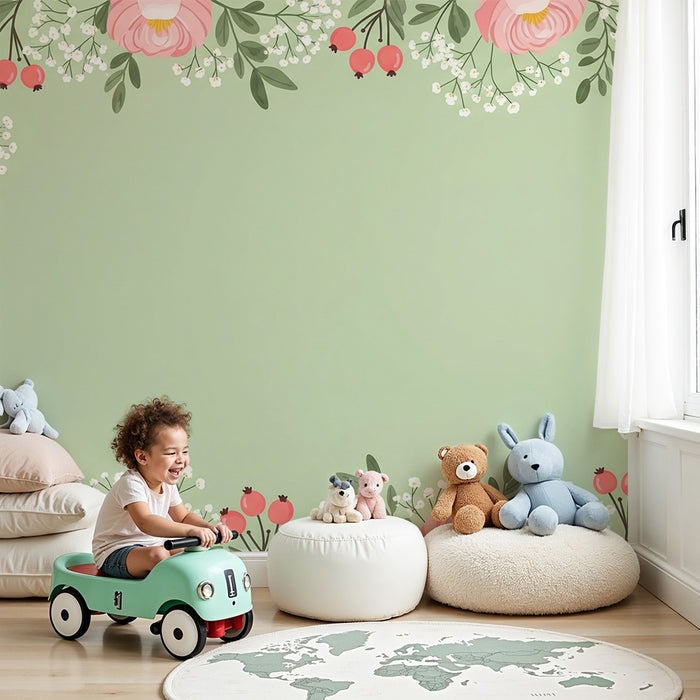 Nursery room wallpaper | Delicate flowers on a soft green background