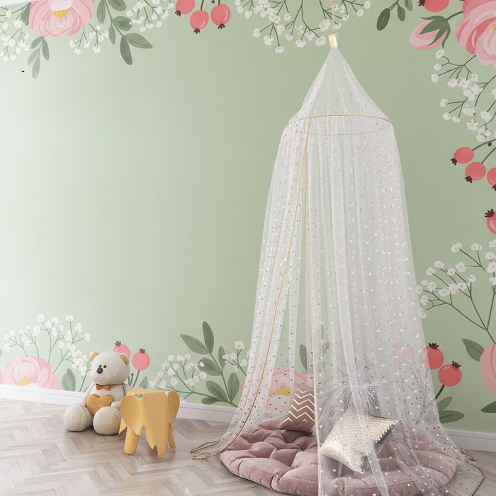 Nursery room wallpaper | Delicate flowers on a soft green background